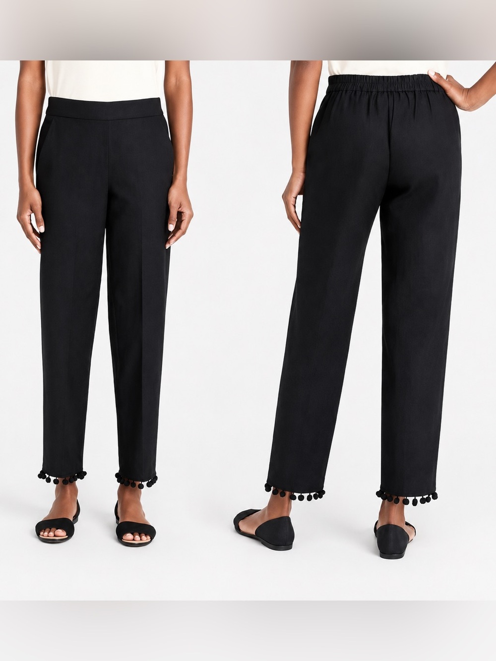 NEW J. Crew Linen Blend Black Pom Pom Trimmed Pants Size 8